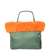 Load image into Gallery viewer, Green Faux Fur Bomber Duffle Bag w/ Orange FF Trimming
