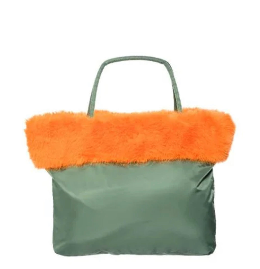 Green Faux Fur Bomber Duffle Bag w/ Orange FF Trimming